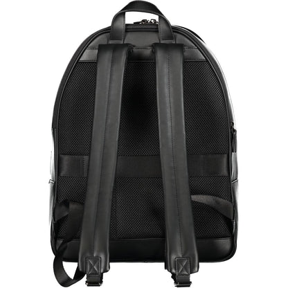 Rear view of Tommy Hilfiger Black Polyester Backpack with adjustable straps and handle, featuring laptop compartment and logo.