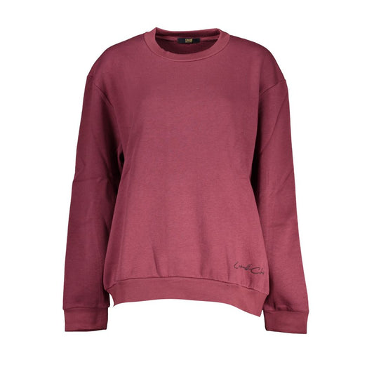 Cavalli Class Purple Cotton Women Sweater with crew neck and exquisite embroidery, crafted in Italy with luxurious fleece fabric.