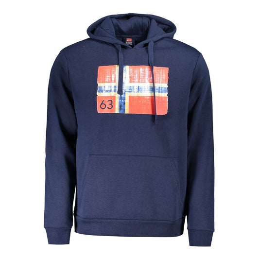 Norway 1963 Blue Cotton Men Sweater with logo and central pocket, featuring dynamic print on hooded sweatshirt for style and comfort.