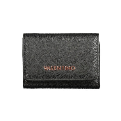 Mario Valentino Black Polyethylene Wallet with logo, featuring 3 compartments, coin purse, card spaces, zip closure, and recycled material.