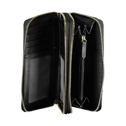 Open view of Mario Valentino Black Polyethylene Women Wallet showing interior compartments and zip closure.