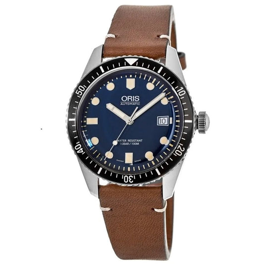 ORIS MOD. DIVERS SIXTY-FIVE wristwatch, 40mm stainless steel, leather strap, sapphire dial, automatic movement, Swiss-made in official box.