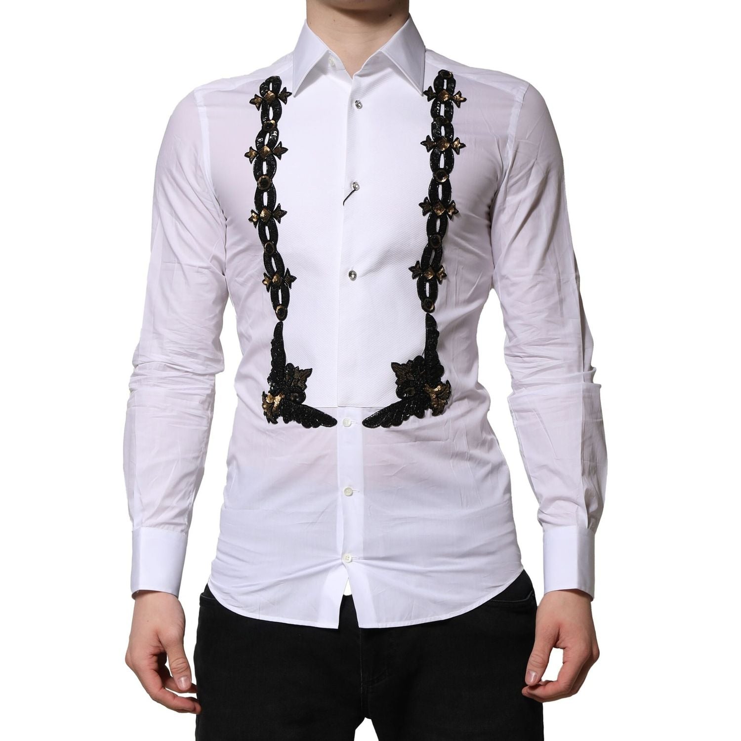 Dolce & Gabbana White GOLD Embellished Formal Men Dress Shirt