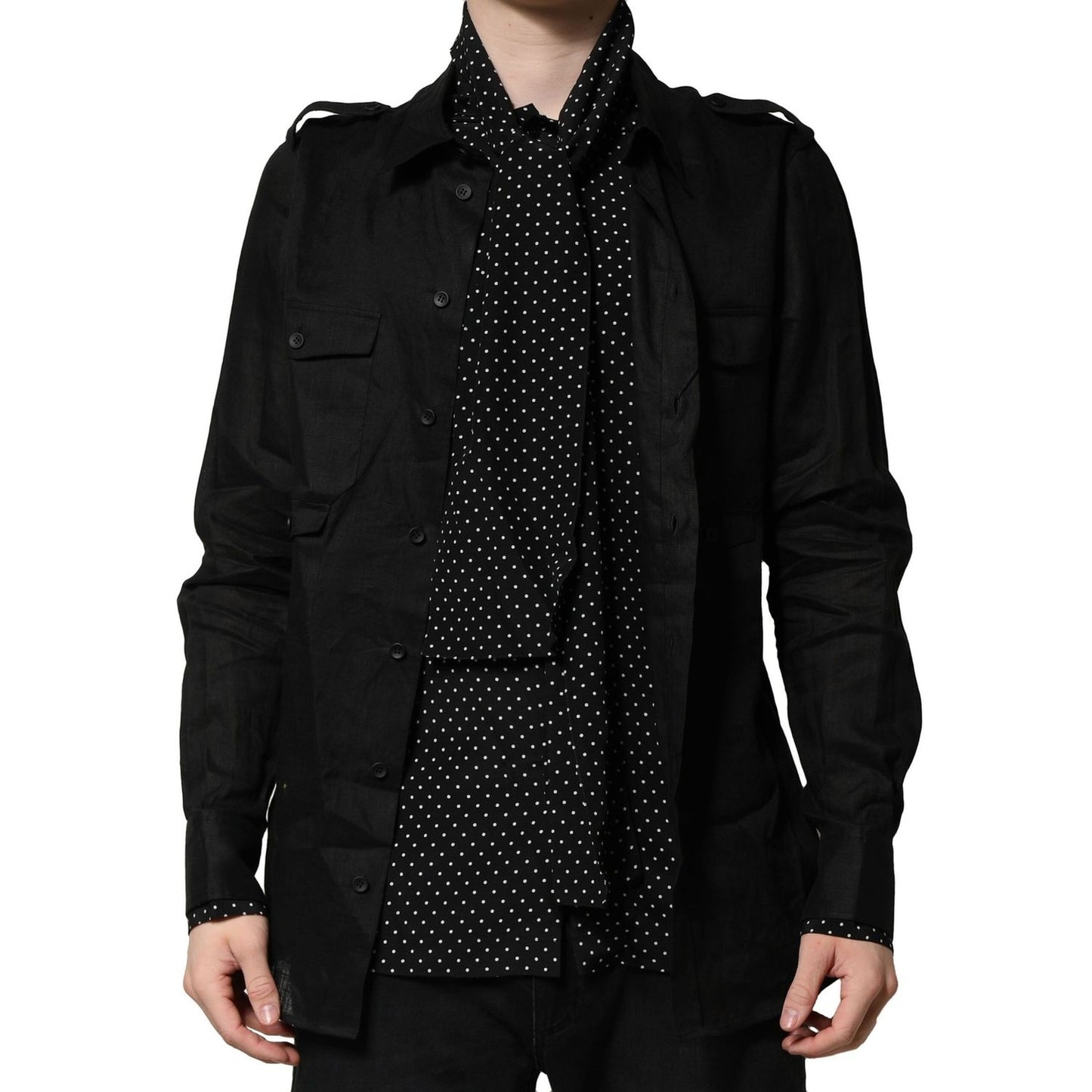Dolce & Gabbana Black Polka Dot Collar Tie Neck Casual Shirt