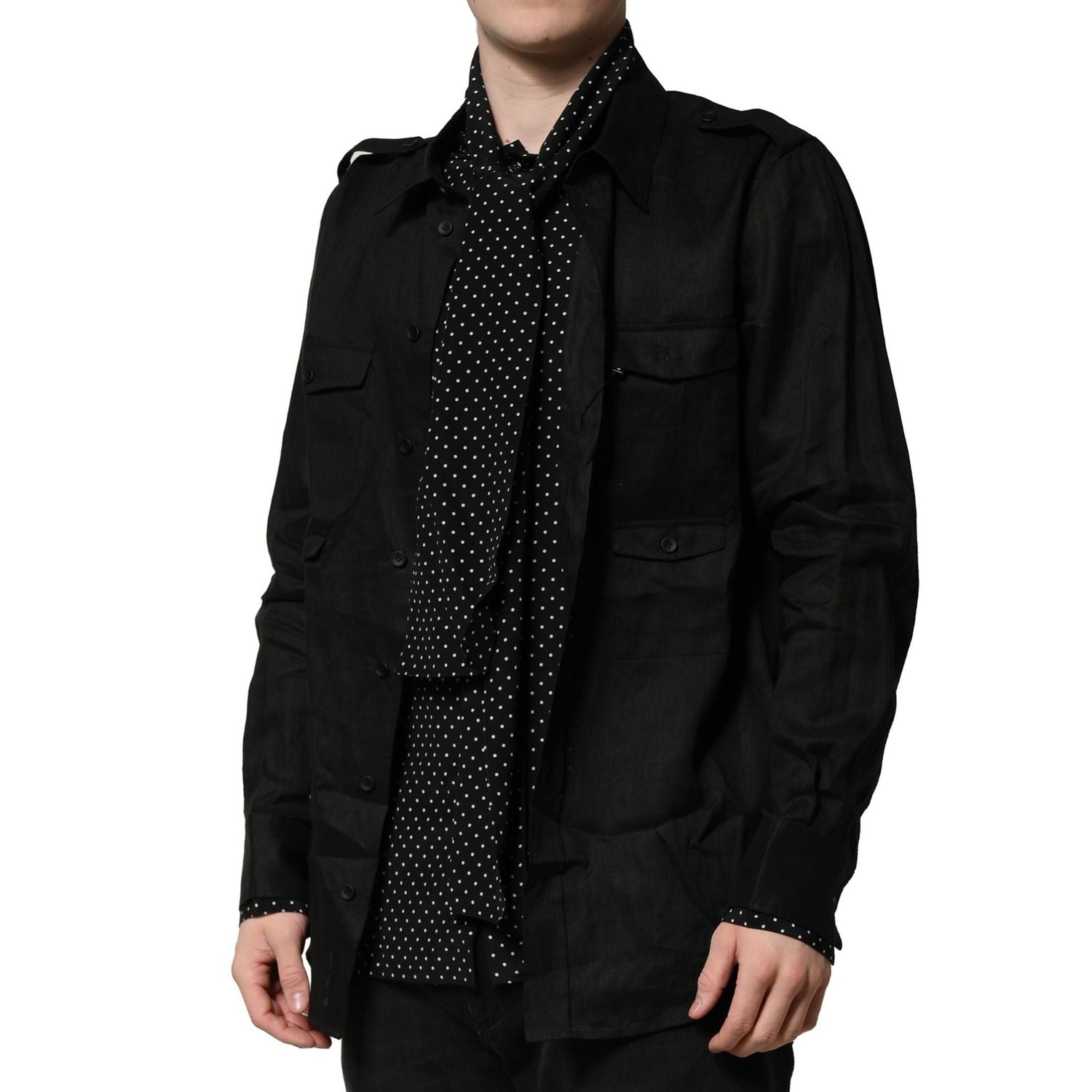 Dolce & Gabbana Black Polka Dot Collar Tie Neck Casual Shirt