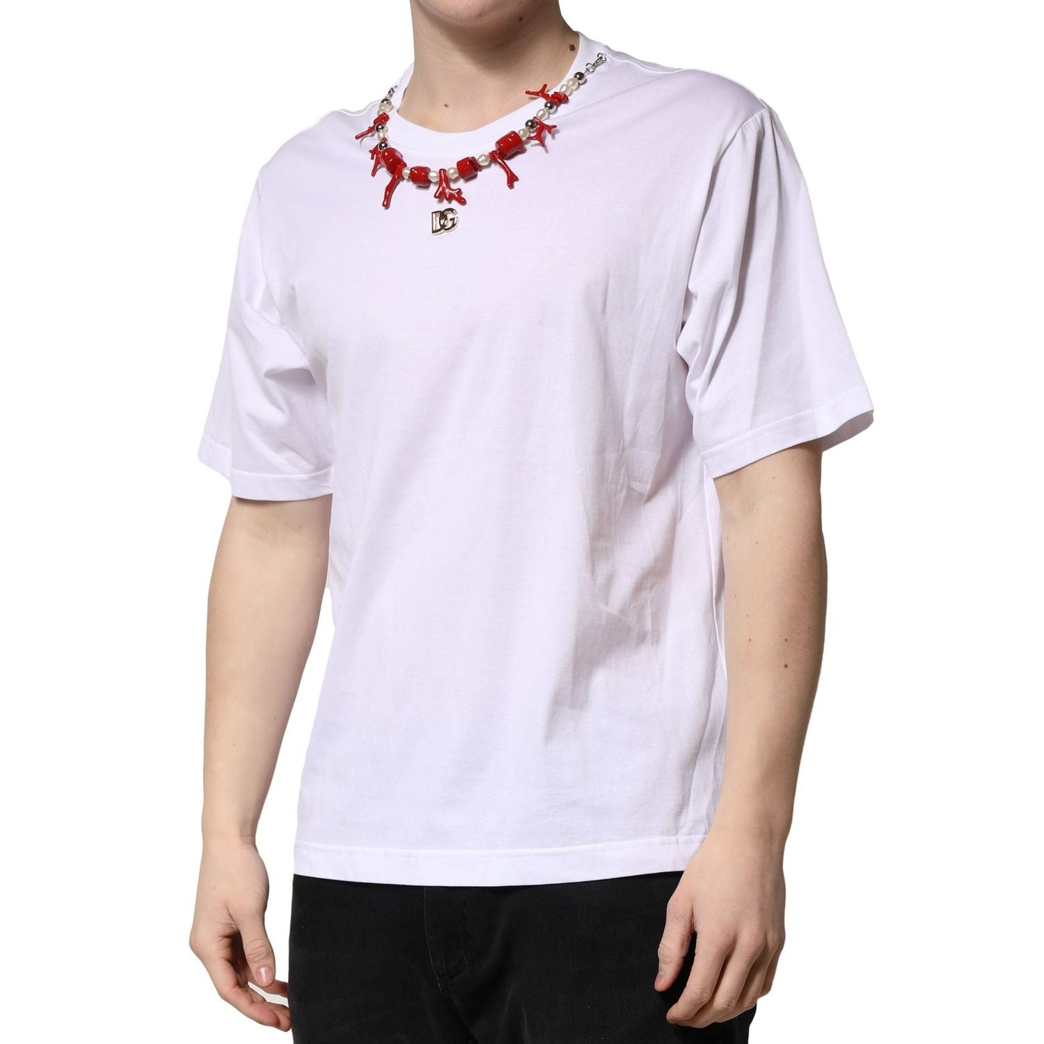 Dolce & Gabbana White Embellished Cotton Crew Neck T-shirt