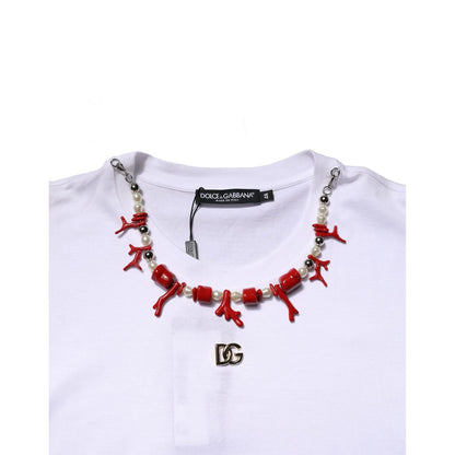 Dolce & Gabbana White Embellished Cotton Crew Neck T-shirt