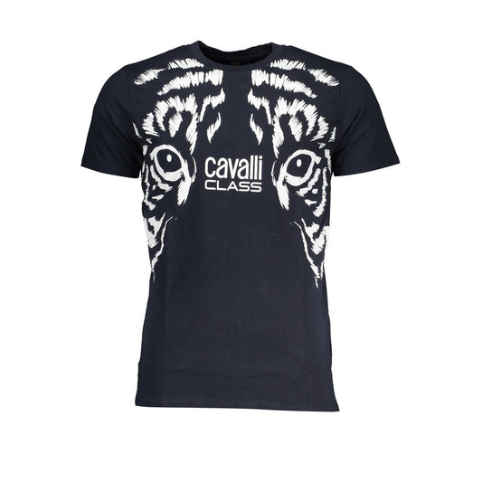 Cavalli Class Blue Cotton T-Shirt with short sleeves, crew neck, tiger print, and logo design.