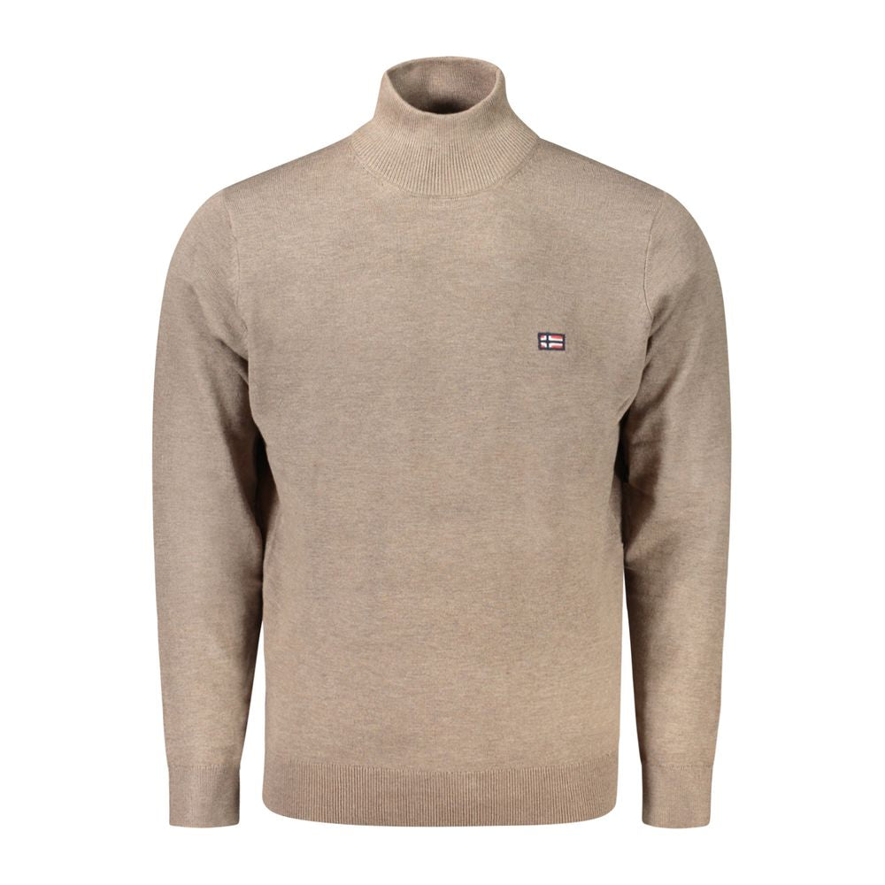 Norway 1963 Brown Polyamide Men Sweater with high neck and embroidered logo, perfect for stylish winter wear.