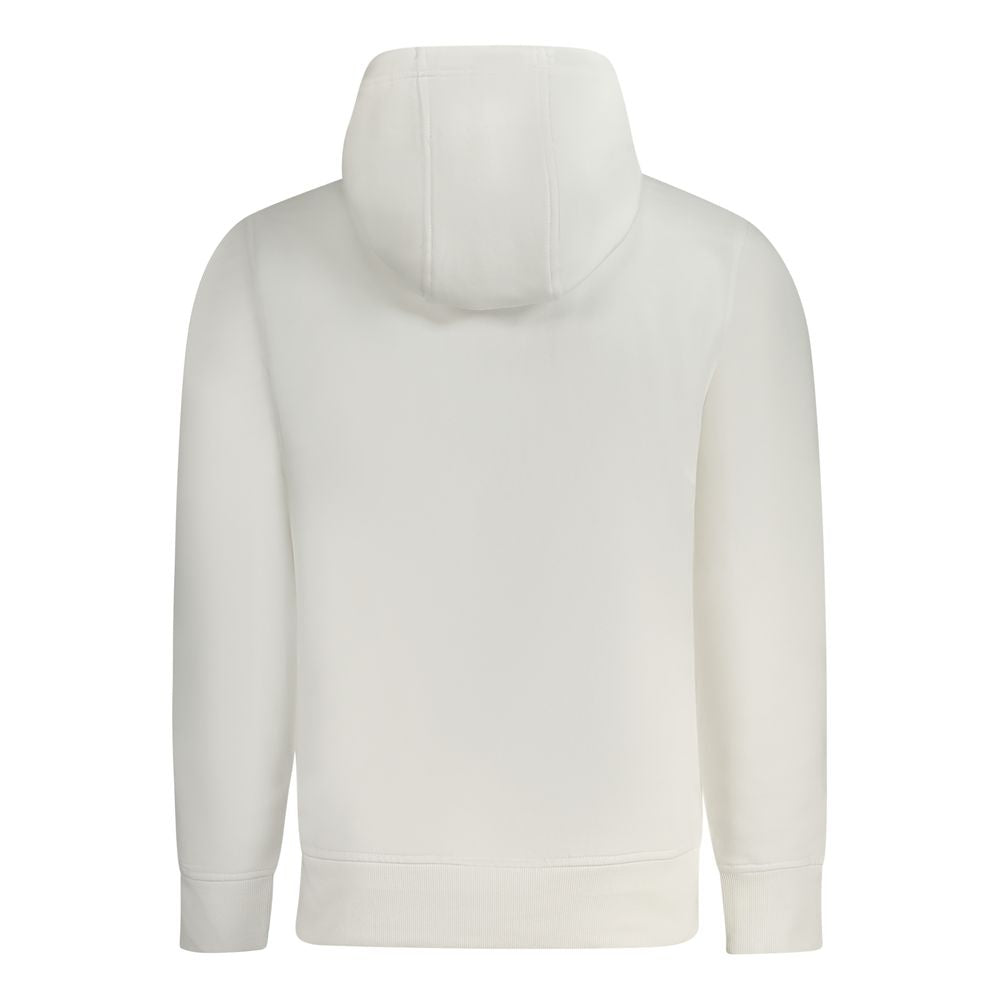Back view of Calvin Klein White Cotton Men Sweater showcasing hood and minimalist design for casual elegance.