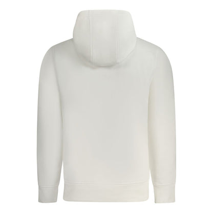 Back view of Calvin Klein White Cotton Men Sweater showcasing hood and minimalist design for casual elegance.