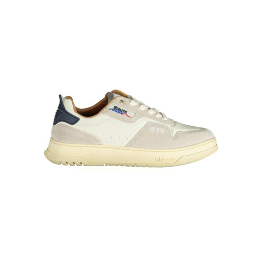 Alt Tag: Blauer White Polyethylene Men Sneaker with contrasting colors and bold logo design.
