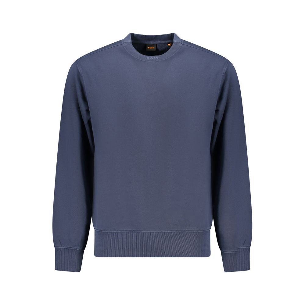 Hugo Boss Blue Cotton Men Sweater with embroidered logo, long sleeve, crew neck, made from organic cotton.