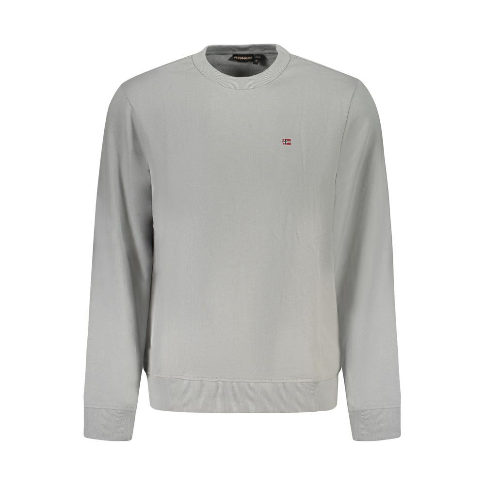 Napapijri Gray Cotton Men Sweater with crew neck, long sleeves, iconic logo embroidery, and brushed interior for comfort and style.
