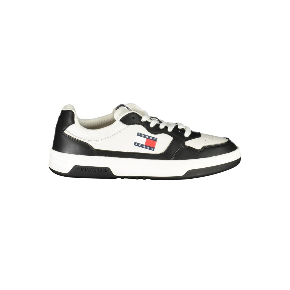 Tommy Hilfiger Black Leather Men Sneaker with white details and logo, showcasing stylish design and athletic elegance.