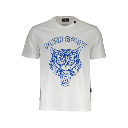 Plein Sport White Cotton Men T-Shirt with tiger print and logo, perfect for trendsetters seeking style and comfort in athletic wear.