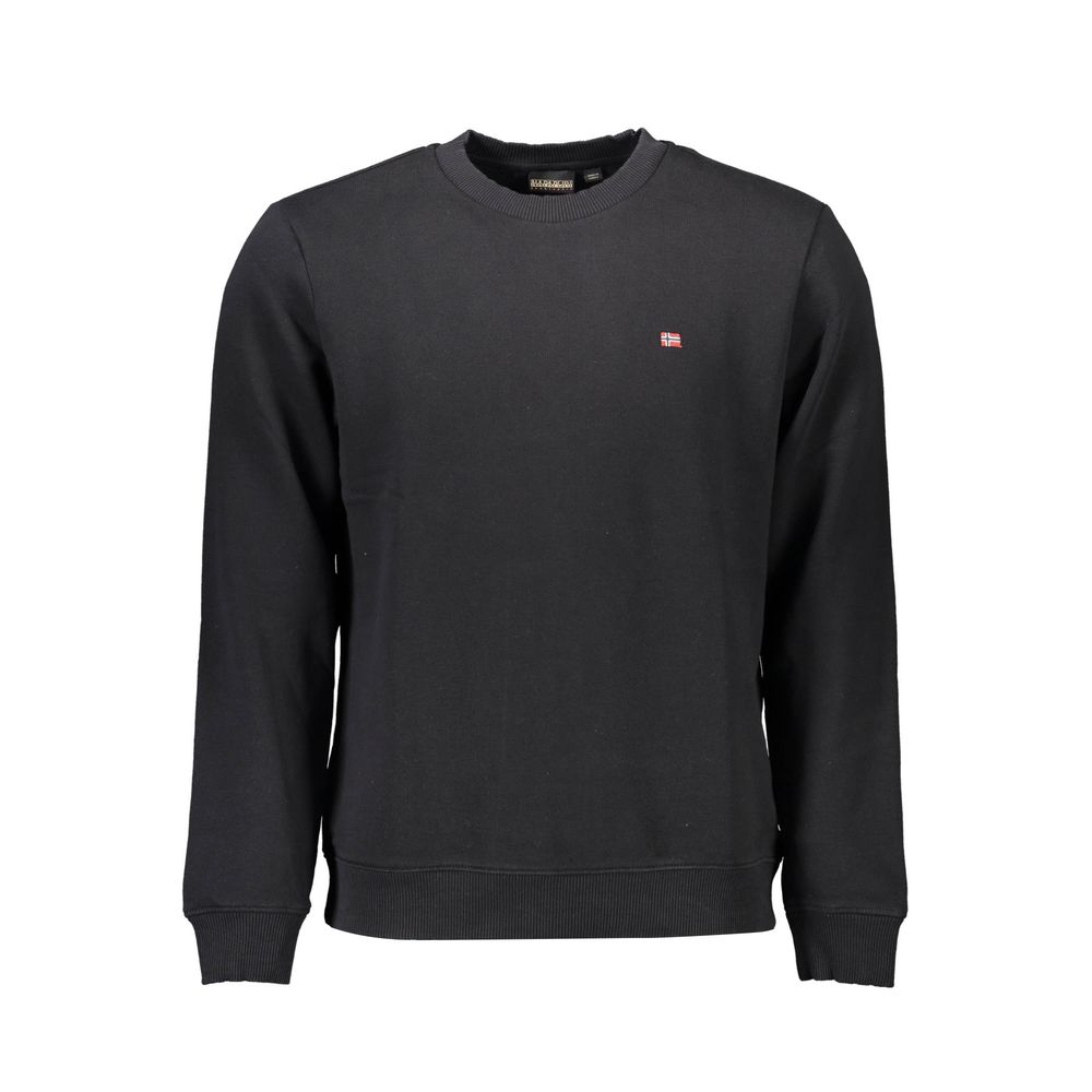 Napapijri Black Cotton Men Sweater with embroidery, organic cotton, stylish black crew neck for men.