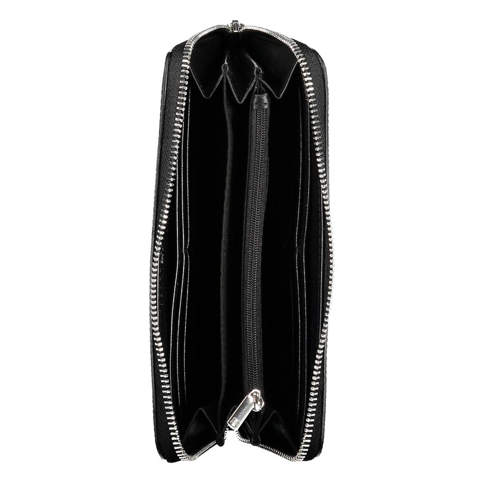 Interior view of Tommy Hilfiger Black Polyethylene Women Wallet showcasing compartments and zip closure.