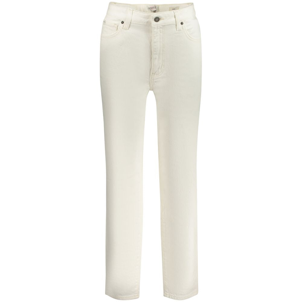 Guess Jeans White Cotton Women Jeans featuring comfortable Mom fit, five-pocket design, and Guess logo, perfect for stylish women.