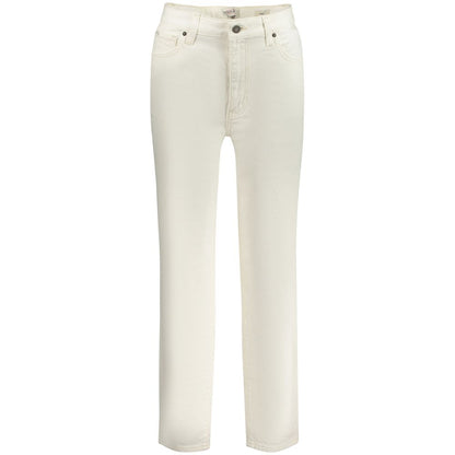 Guess Jeans White Cotton Women Jeans featuring comfortable Mom fit, five-pocket design, and Guess logo, perfect for stylish women.
