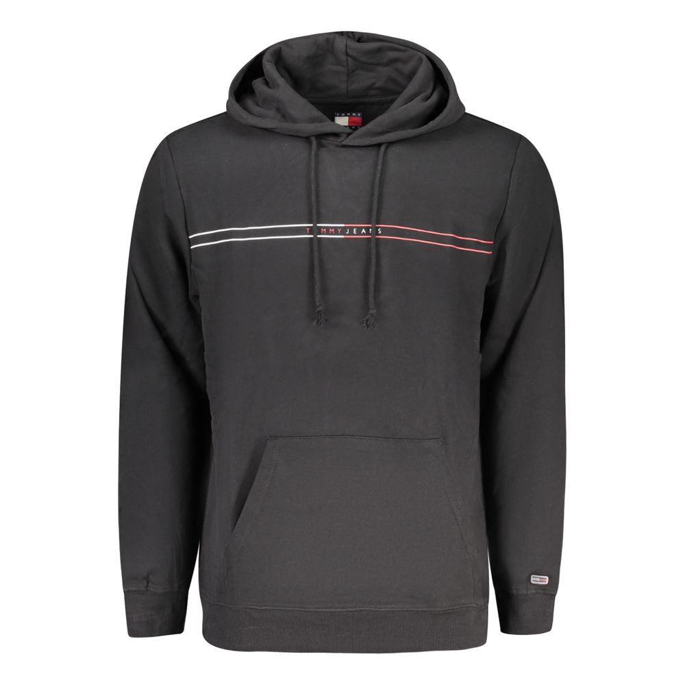 Tommy Hilfiger Black Cotton Men Sweater with hood and front pocket, featuring a bold print and iconic logo for sustainable style.