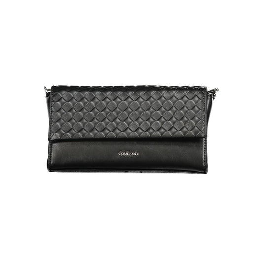 Calvin Klein Black Polyester Handbag with chain shoulder strap, internal card pocket, contrasting details, and magnet closure.