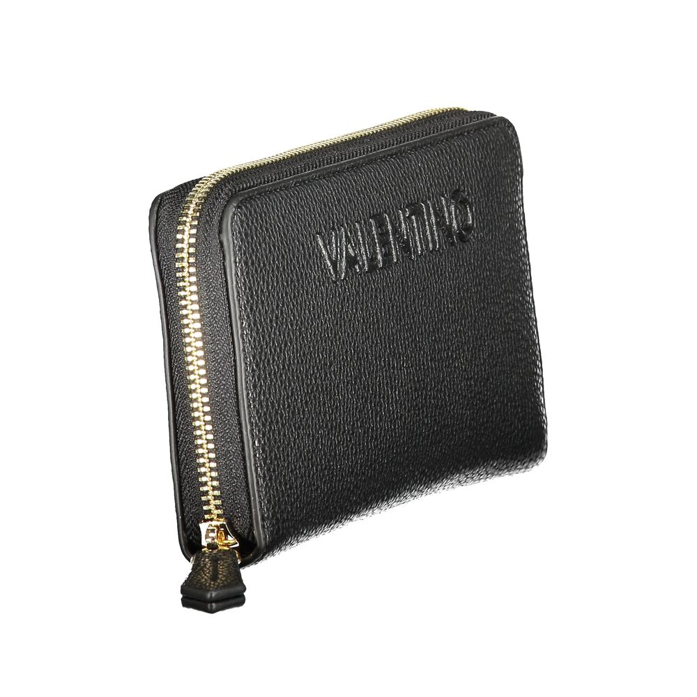 Mario Valentino Black Polyethylene Wallet with zip closure, logo, and 6 compartments, including coin purse and card spaces, made from recycled materials.