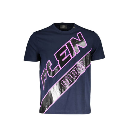 Plein Sport Blue Cotton Men T-Shirt with bold pink and silver logo print, showcasing luxury and sporty style.