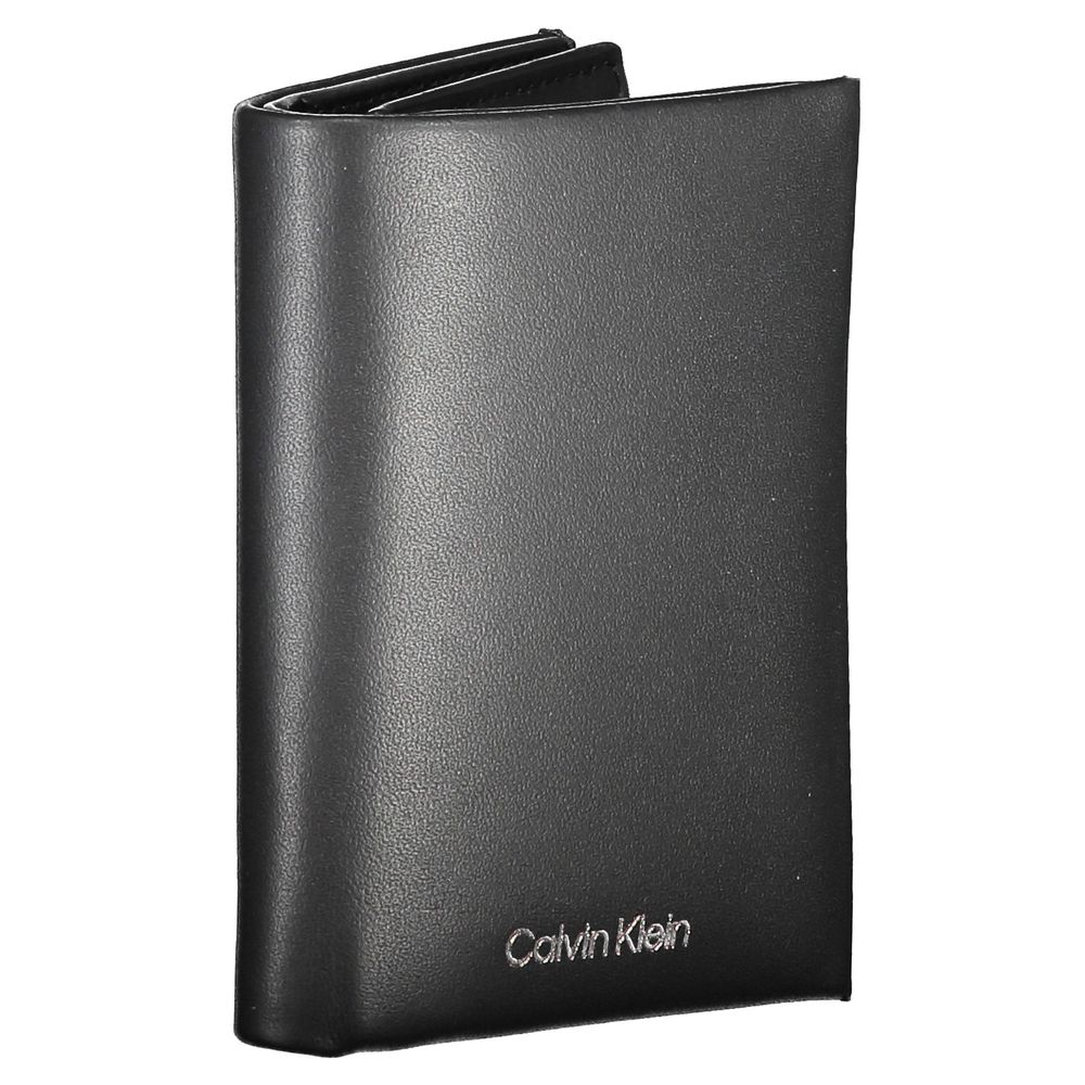 Calvin Klein Black Leather Men Wallet with sleek design and RFID security, featuring card compartments and a coin purse.