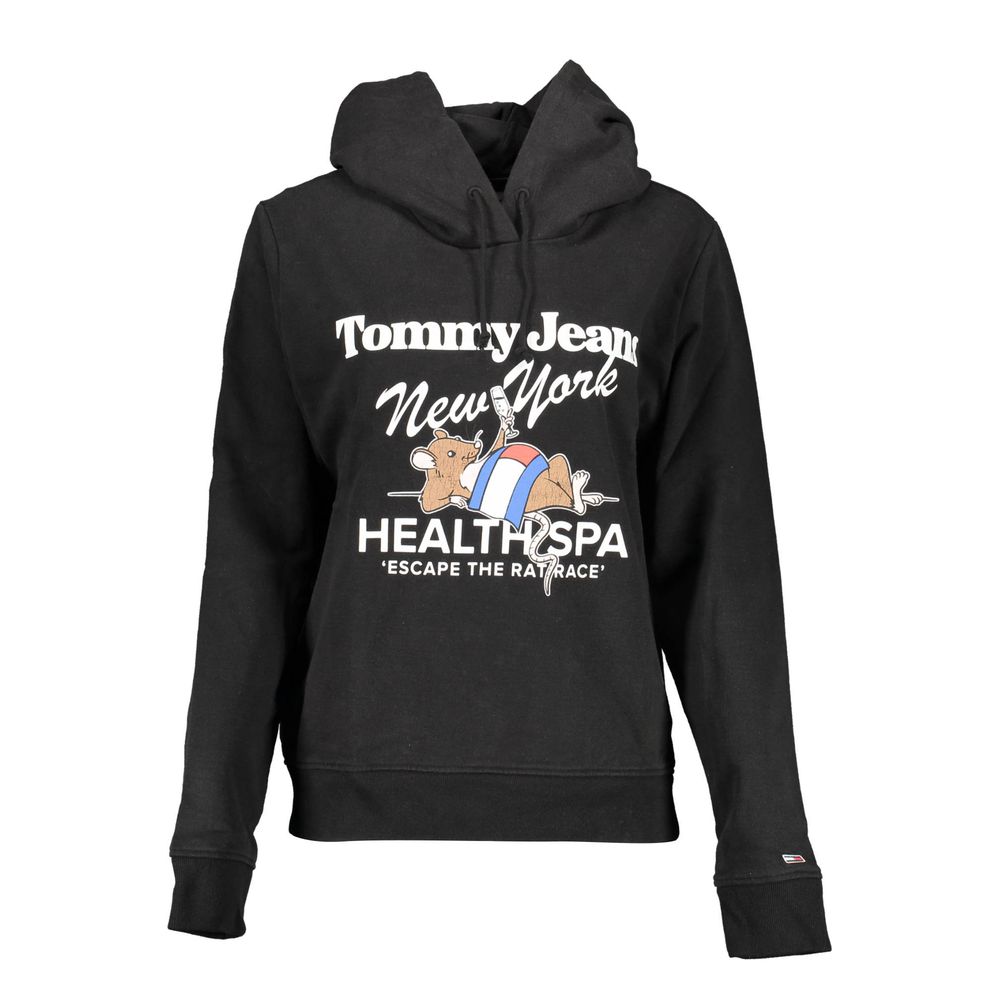 "Tommy Hilfiger Black Cotton Women Sweater with logo and print design, showcasing modern elegance and style."