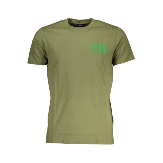 Cavalli Class Green Cotton T-Shirt with short sleeves, crew neck, and logo print