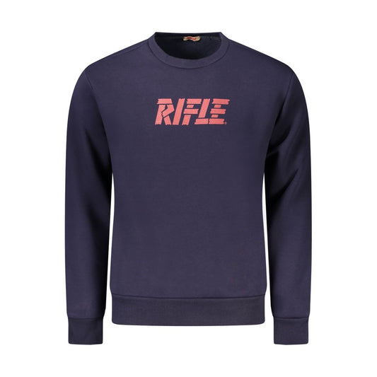 Rifle Blue Cotton Men Sweater with bold logo print, crew-neck, long sleeves, luxury cotton-polyester blend, rich blue hue, casual elegance.