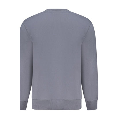 Back view of Calvin Klein Blue Cotton Men Sweater showcasing eco-friendly brushed texture and iconic logo for casual luxury.