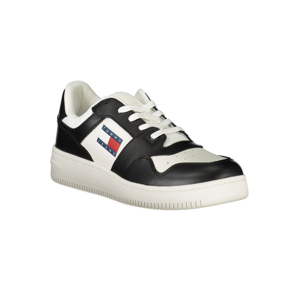 Tommy Hilfiger White Polyethylene Women Sneaker with black accents and logo, showcasing modern elegance and customizable comfort.