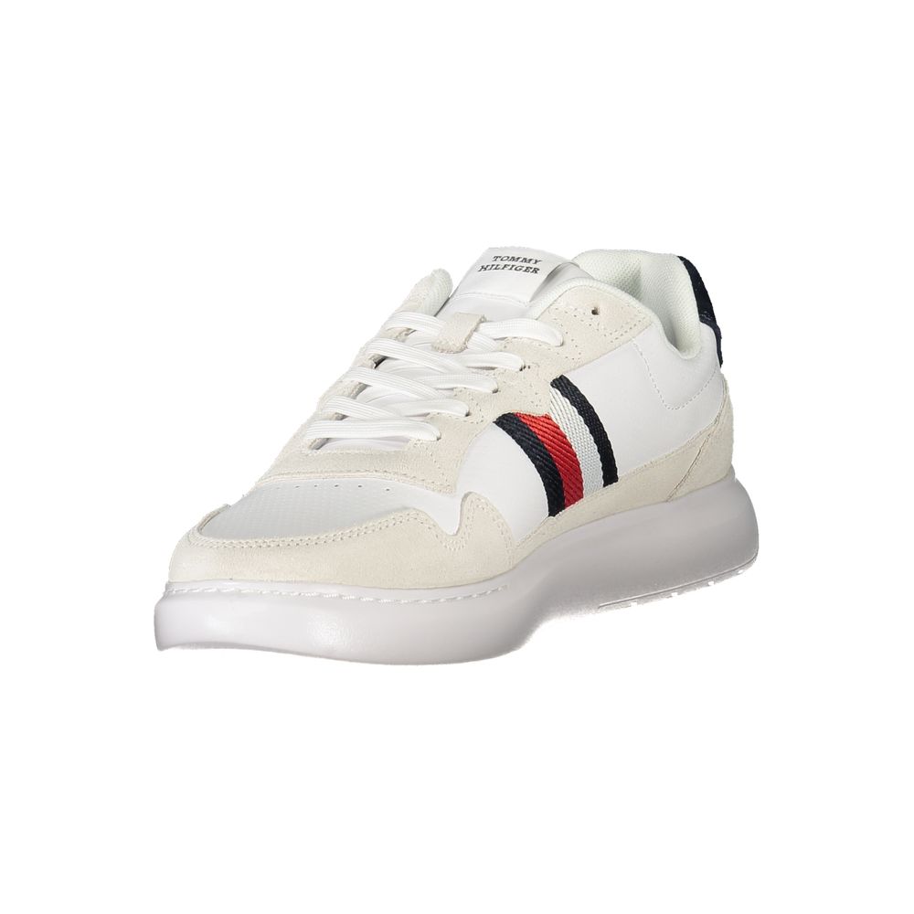 Tommy Hilfiger White Leather Men Sneaker with embroidered logo and removable footbed, showcasing iconic style and comfort in white with contrasting details.