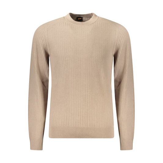 Hugo Boss Beige Cotton Men Sweater with crew neck, long sleeves, and subtle logo detail, crafted for comfort and refined style.