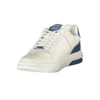 Tommy Hilfiger White Leather Men Sneaker with blue accents and logo, featuring a dynamic design and removable footbed for comfort.