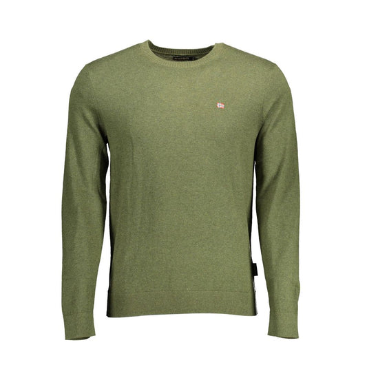 Napapijri Green Cotton Men Sweater with signature logo embroidery, long sleeve, crew neck design for casual style and comfort.