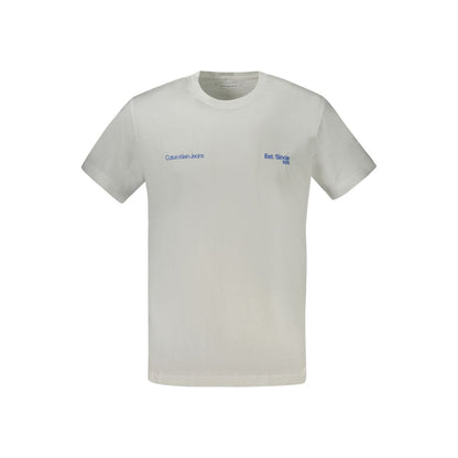 Calvin Klein White Cotton Men T-Shirt with crew neck and iconic print, perfect for casual outings, offers comfort and durability.