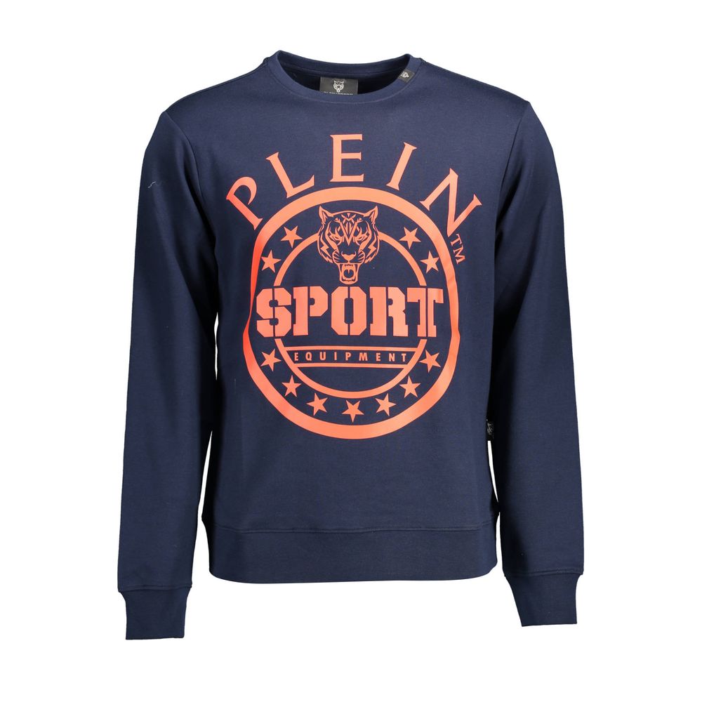 Plein Sport Blue Cotton Men Sweater with graphic print and logo, long sleeve design for dynamic sportswear style and comfort.