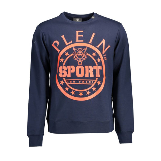 Plein Sport Blue Cotton Men Sweater with graphic print and logo, long sleeve design for dynamic sportswear style and comfort.