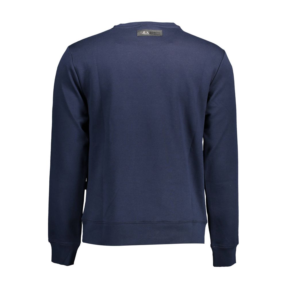 Plein Sport Blue Cotton Men Sweater, long sleeve, back view, premium blend fabric, athletic apparel with graphic print and Plein logo.