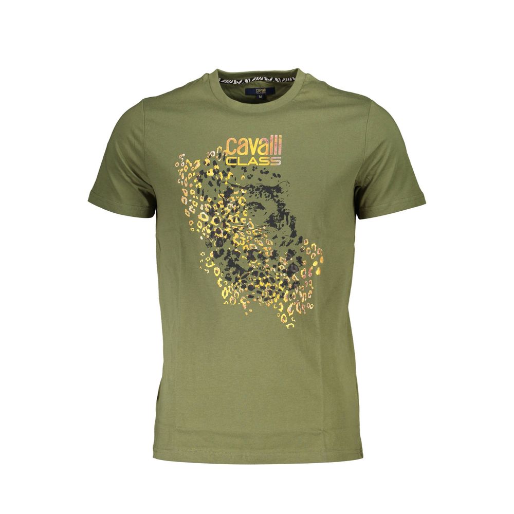 Cavalli Class Green Cotton Men T-Shirt with logo print and short sleeves, elegant and stylish for modern fashion enthusiasts.