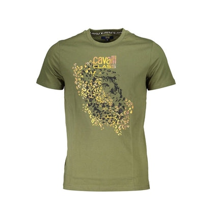 Cavalli Class Green Cotton Men T-Shirt with logo print and short sleeves, elegant and stylish for modern fashion enthusiasts.