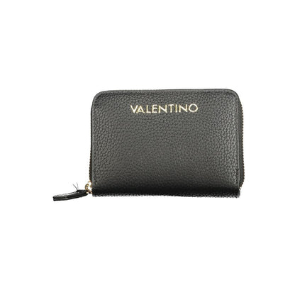 Mario Valentino Black Polyethylene Wallet with logo, zip closure, six compartments, coin purse, card spaces, elegant design.