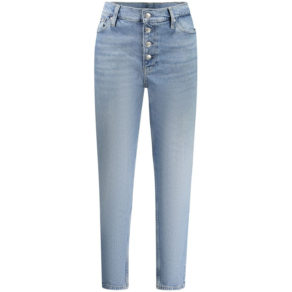 Calvin Klein Blue Cotton Women Jean with classic 5-pocket design and washed effect, ideal for fashion-forward individuals seeking comfort and style.