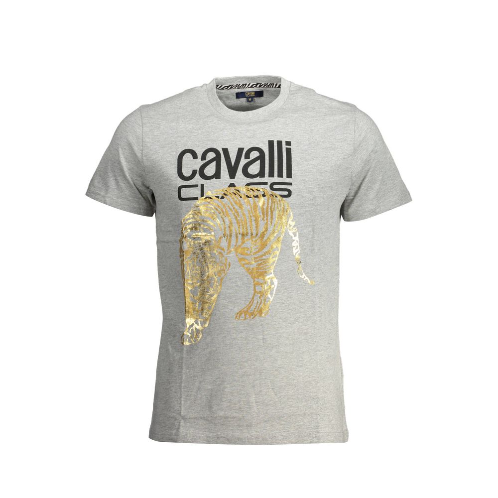 Cavalli Class Brown Cotton Men T-Shirt with bold print and logo, short-sleeved crew neck, ideal for modern style and comfort.