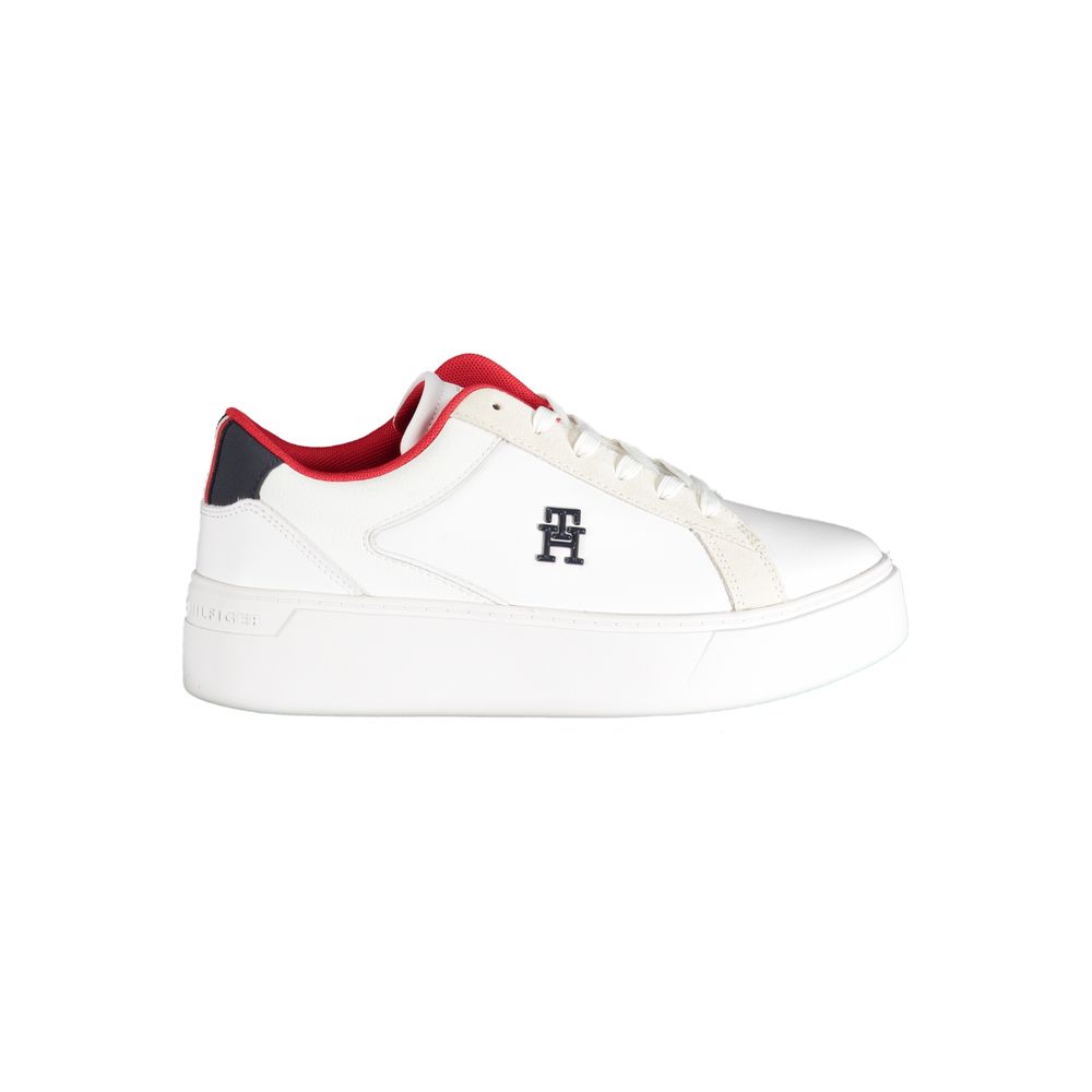 Tommy Hilfiger White Polyester Sneaker with logo, laces, and contrast details, perfect sports footwear.