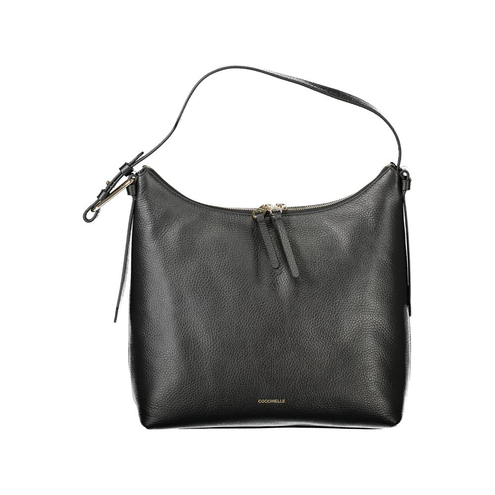Coccinelle Black Leather Women Handbag with adjustable strap and zip closure, showcasing Italian craftsmanship and style.