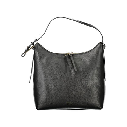 Coccinelle Black Leather Women Handbag with adjustable strap and zip closure, showcasing Italian craftsmanship and style.